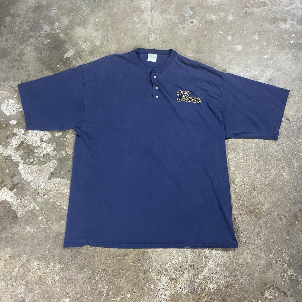 Vintage 90s University Of Michigan Short Sleeve Henley Size XXL Blue Wolverines